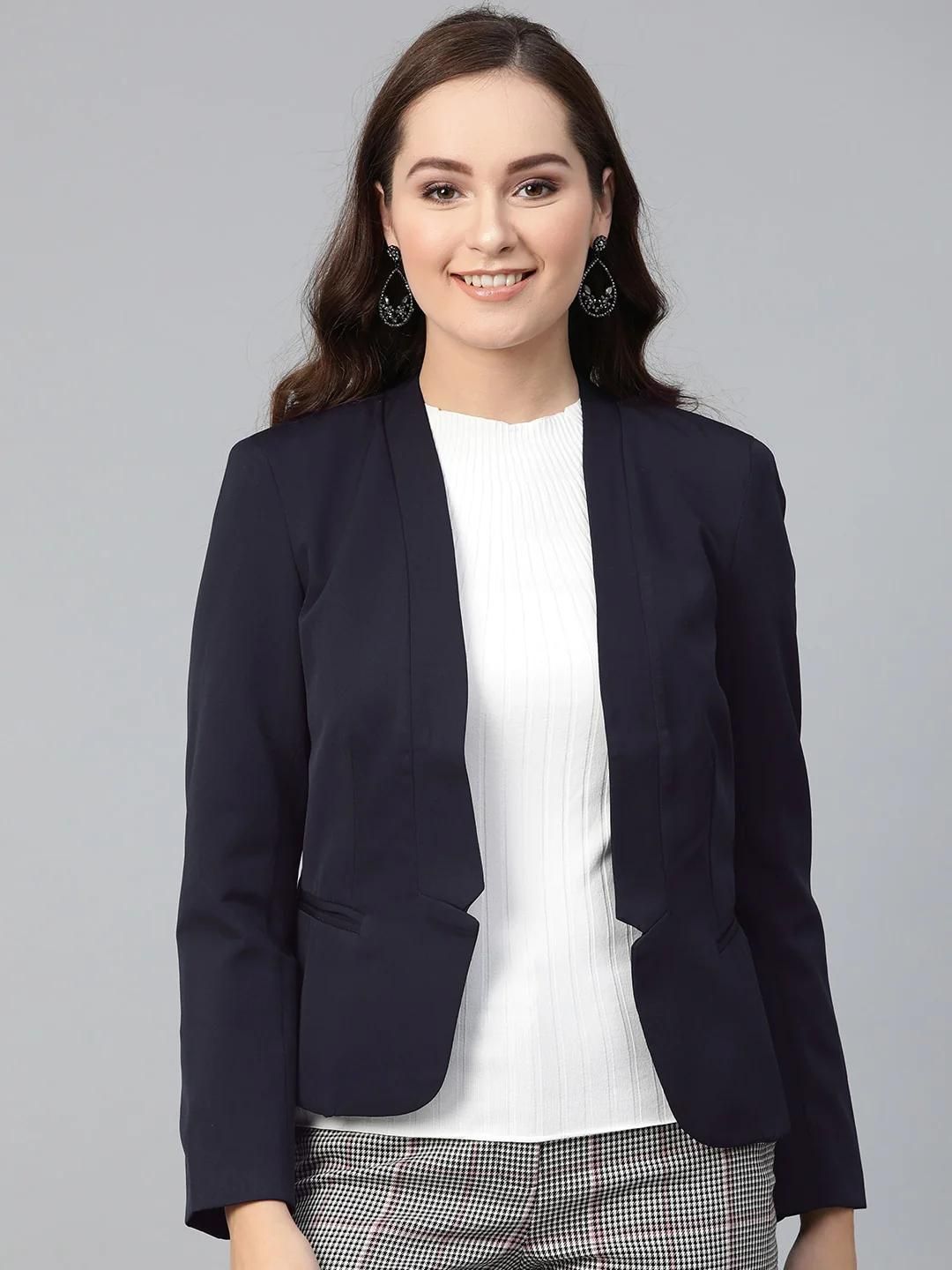 PANNKH Womens Blue Solid Blazer