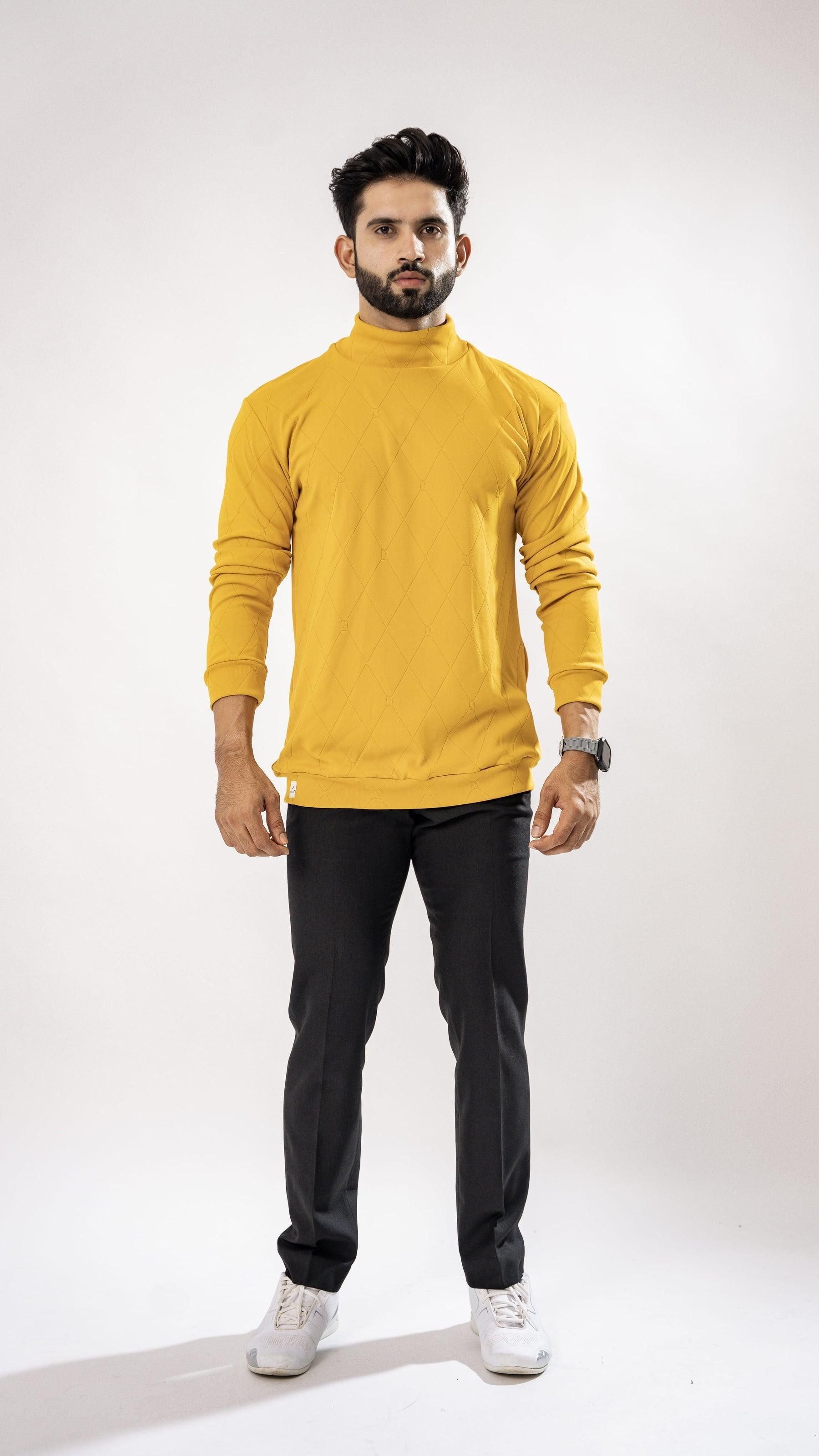 ROYAL TAIL Men's Cotton Mustard Self Design High Neck T-Shirt