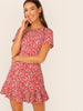 AAHWAN Women's Red Ditsy Floral Print Short Sleeves Mini Short Dress