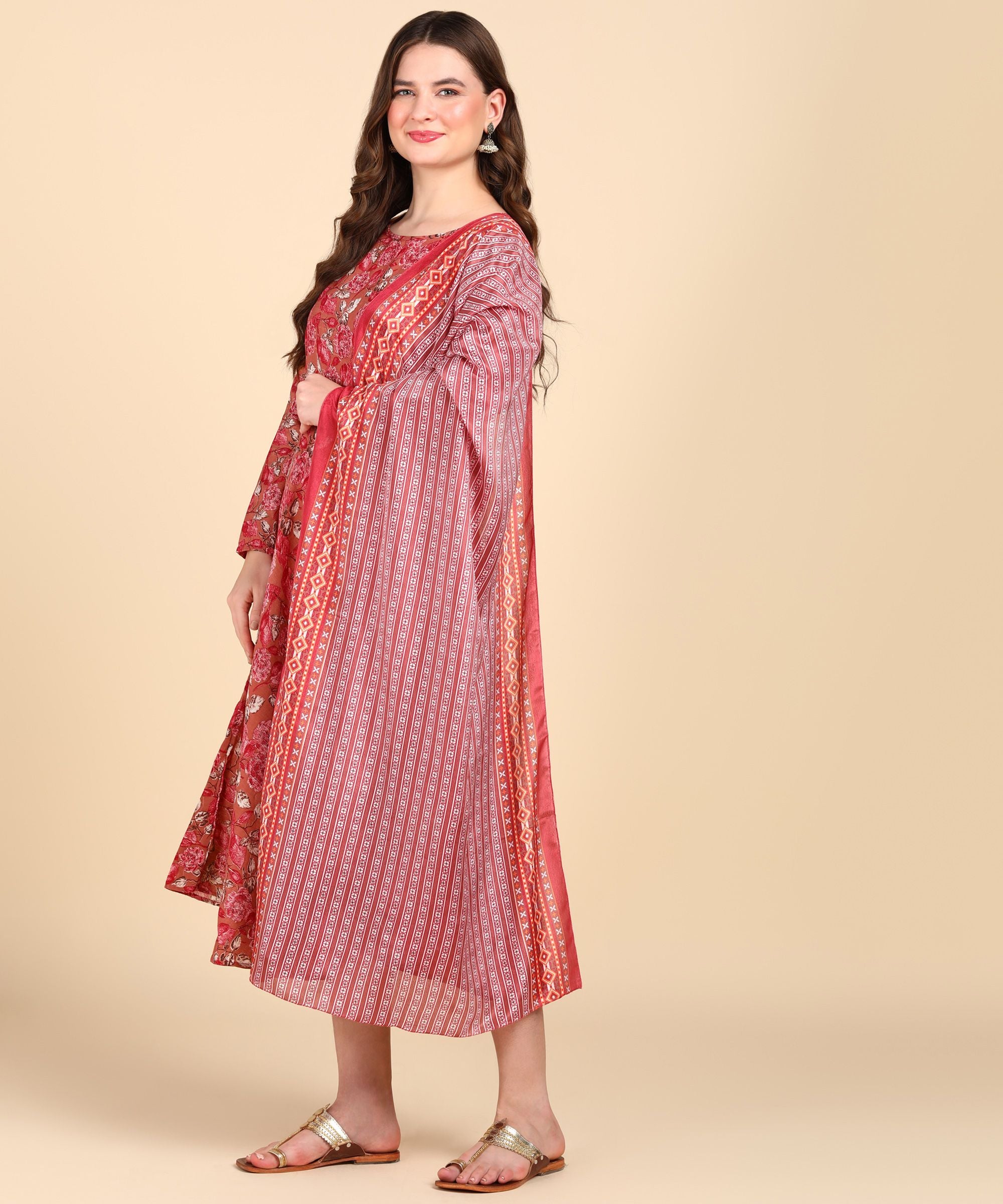 Women's Anarkali Cotton Printed Kurti With Dupatta Set