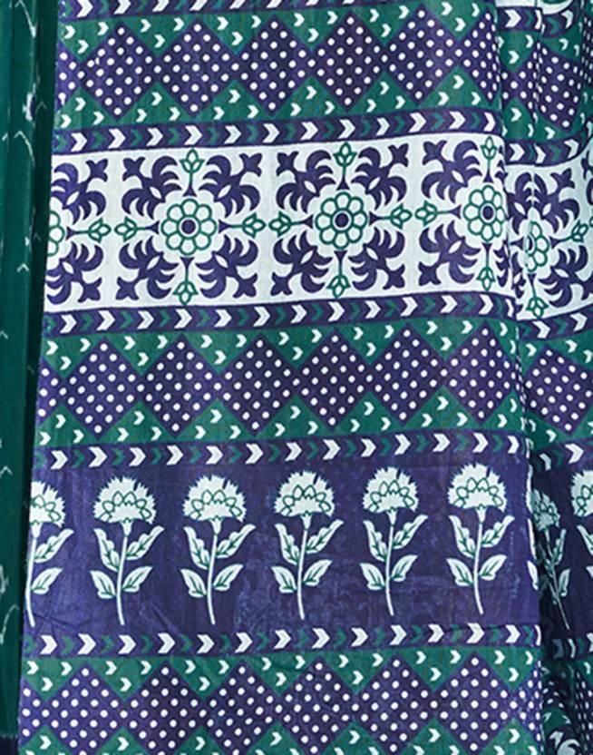 Leemboodi Ready to Wear Ikkat Print Cotton Blend Saree (Green, Blue)
