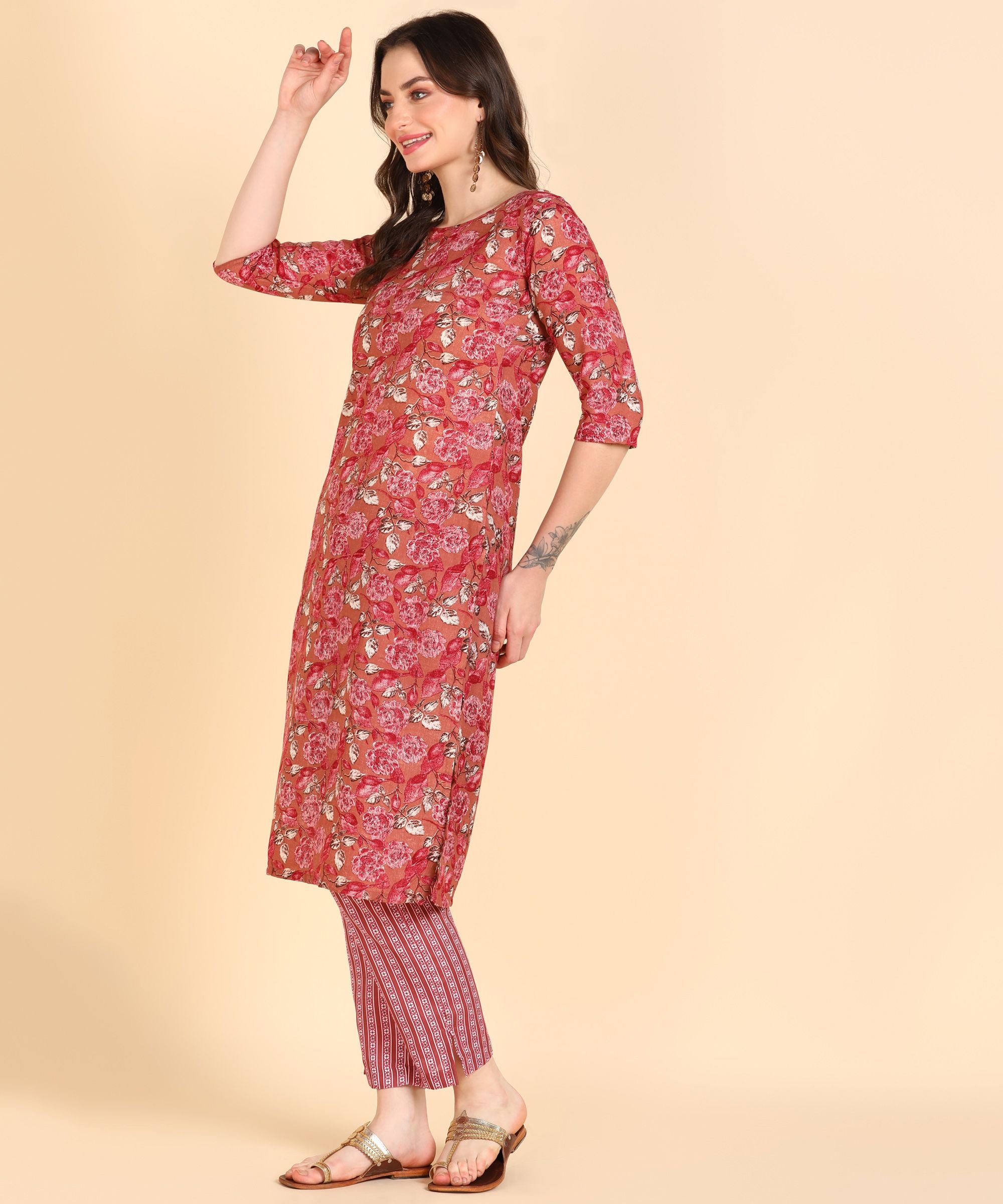 Women's Cotton Printed Straight Kurti With Pant Set