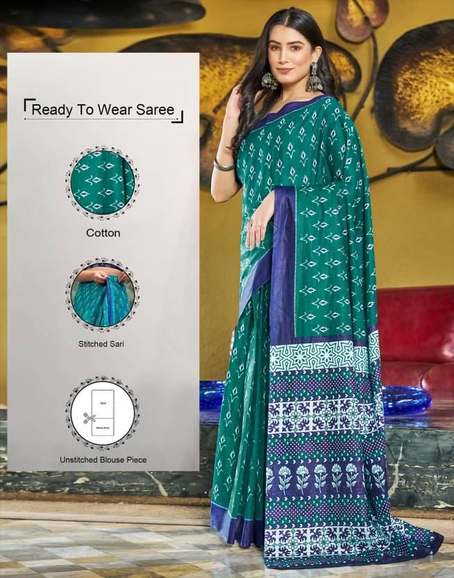 Leemboodi Ready to Wear Ikkat Print Cotton Blend Saree (Green, Blue)