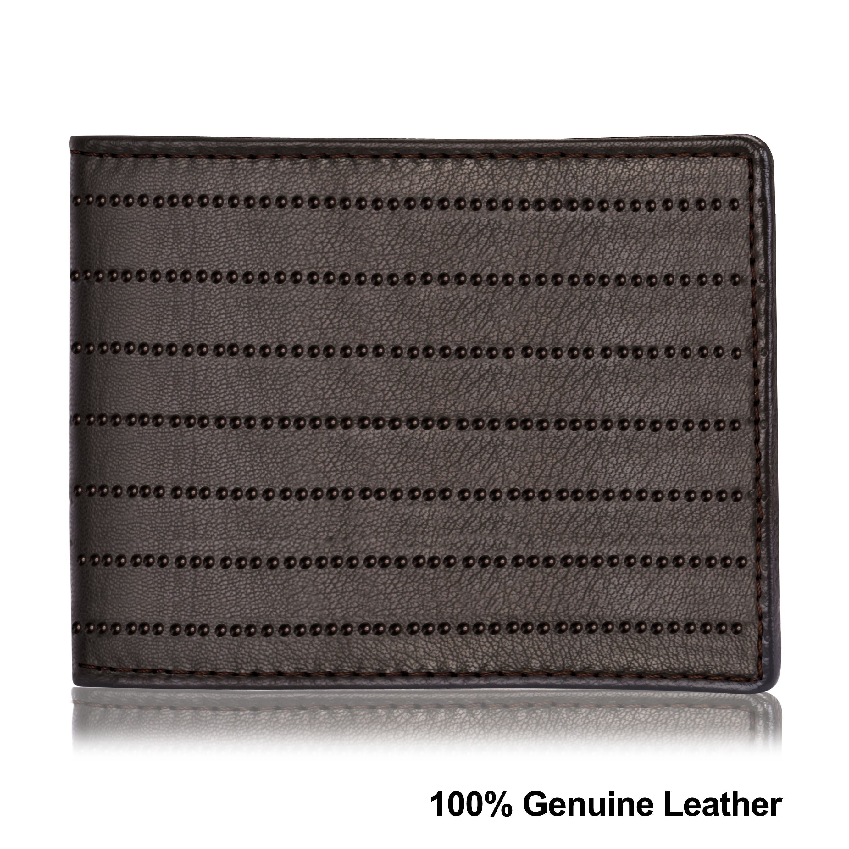 Lorenz Bi-Fold Embossed Dotted Lines Premium Dark Brown RFID Blocking Leather Wallet for Men with Zipper Coin Pocket Feature